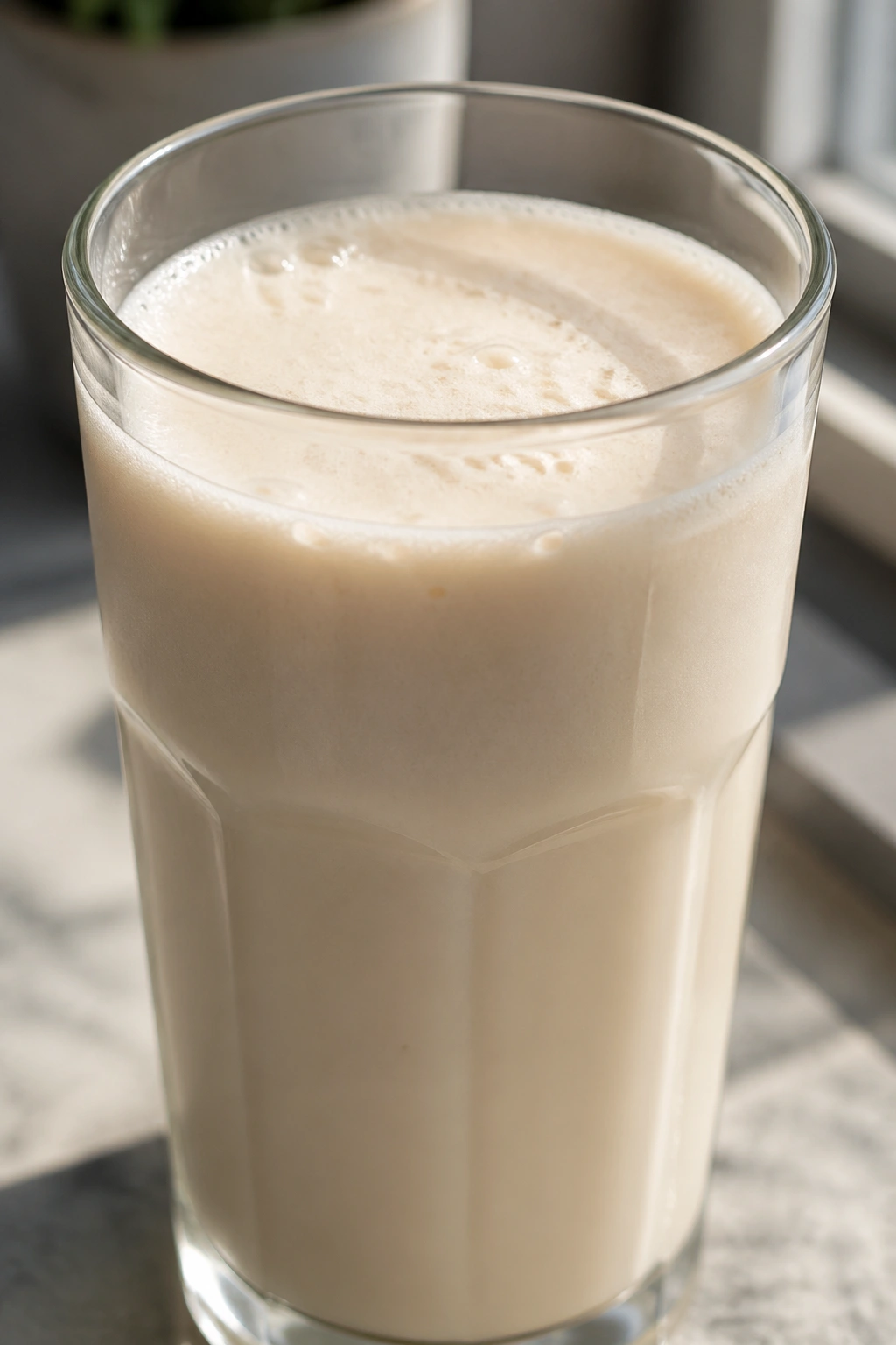 Close-up of a whey protein shake in a glass on a kitchen counter