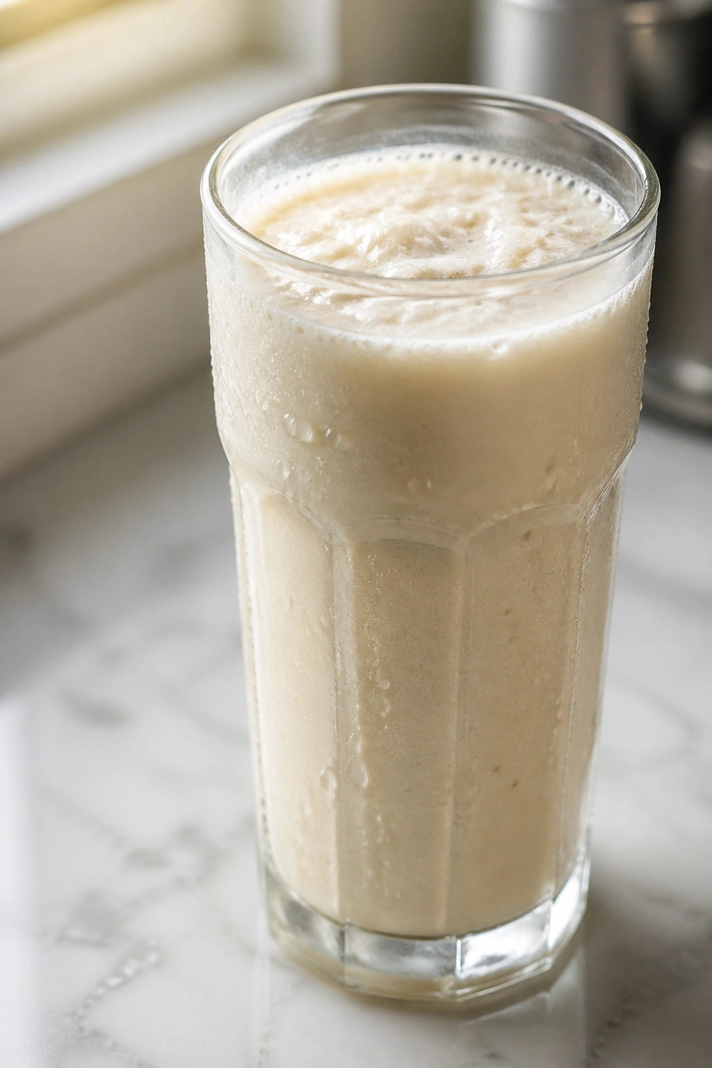 Frosty whey protein shake in a glass on a kitchen counter