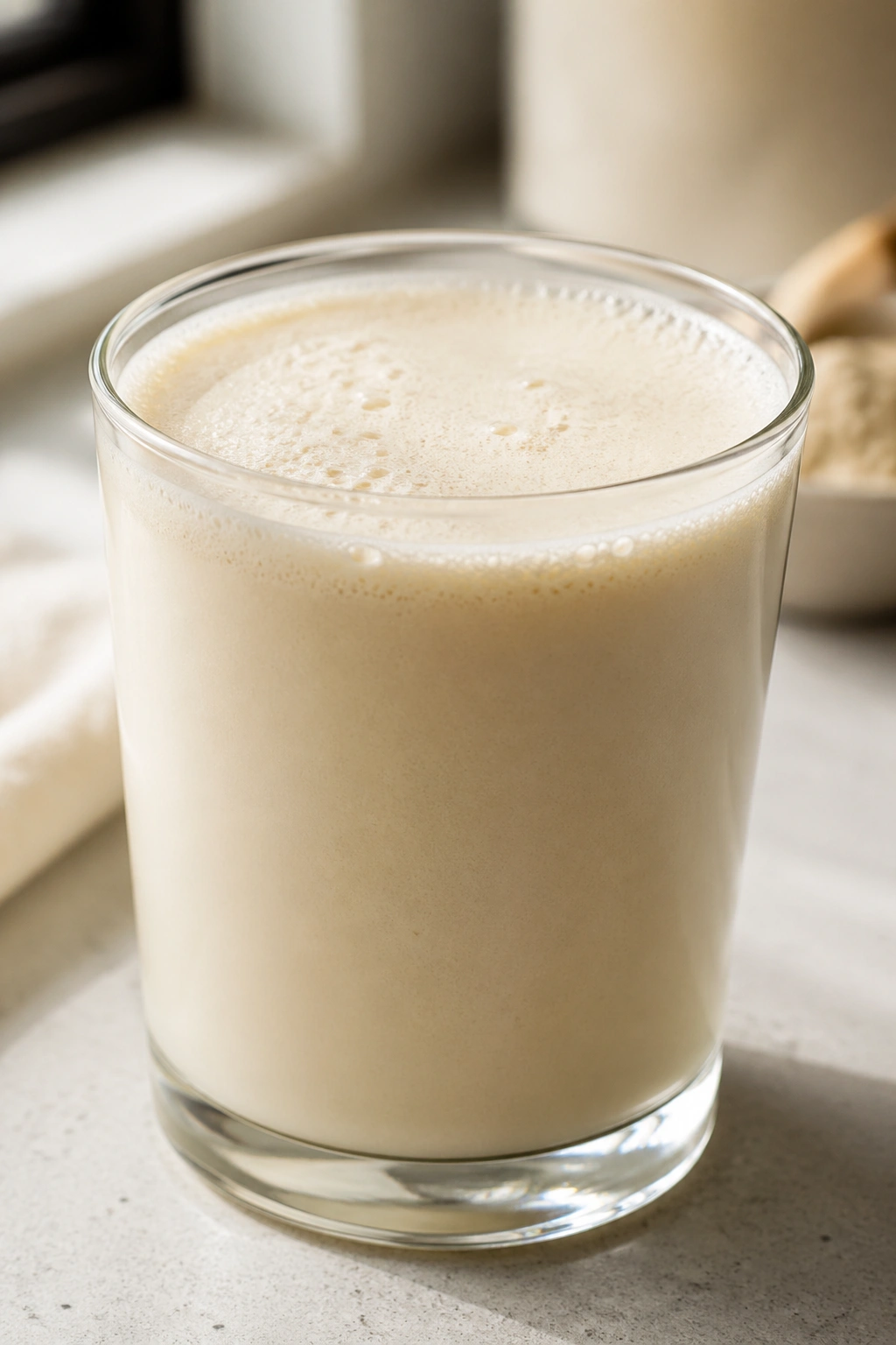 Close-up of a glass of whey protein shake
