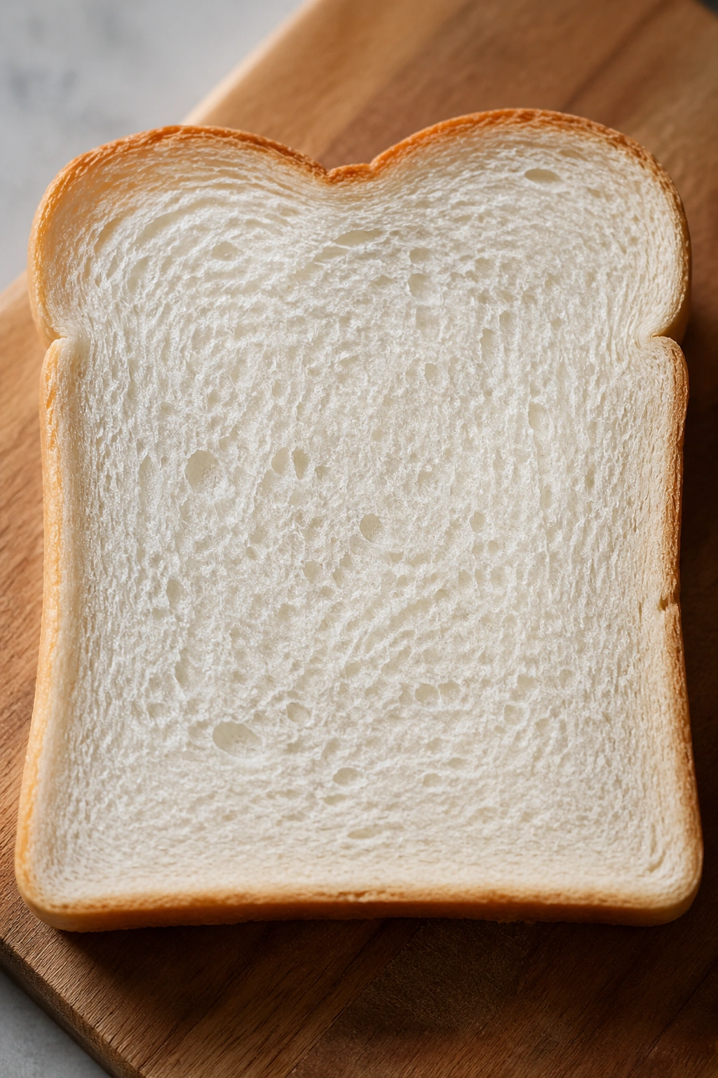 Close-up of a white bread slice on a cutting board with soft kitchen light