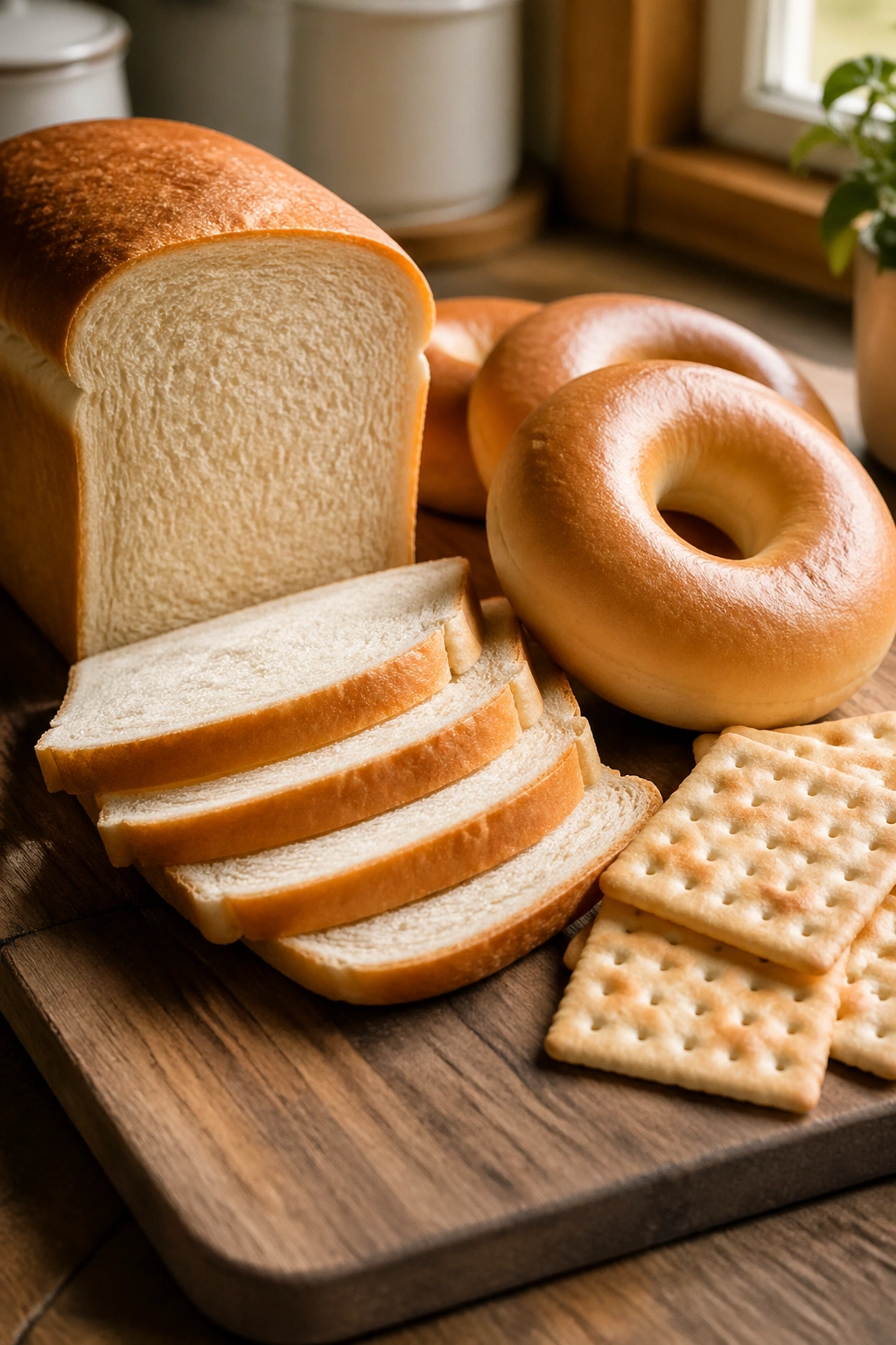Close-up of white bread slices, a bagel, and refined crackers on a wooden board in warm kitchen light.