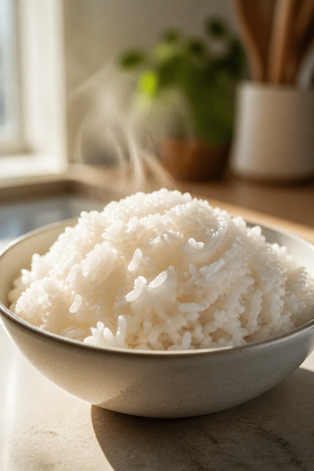 Close-up of white rice in a bowl with steam.