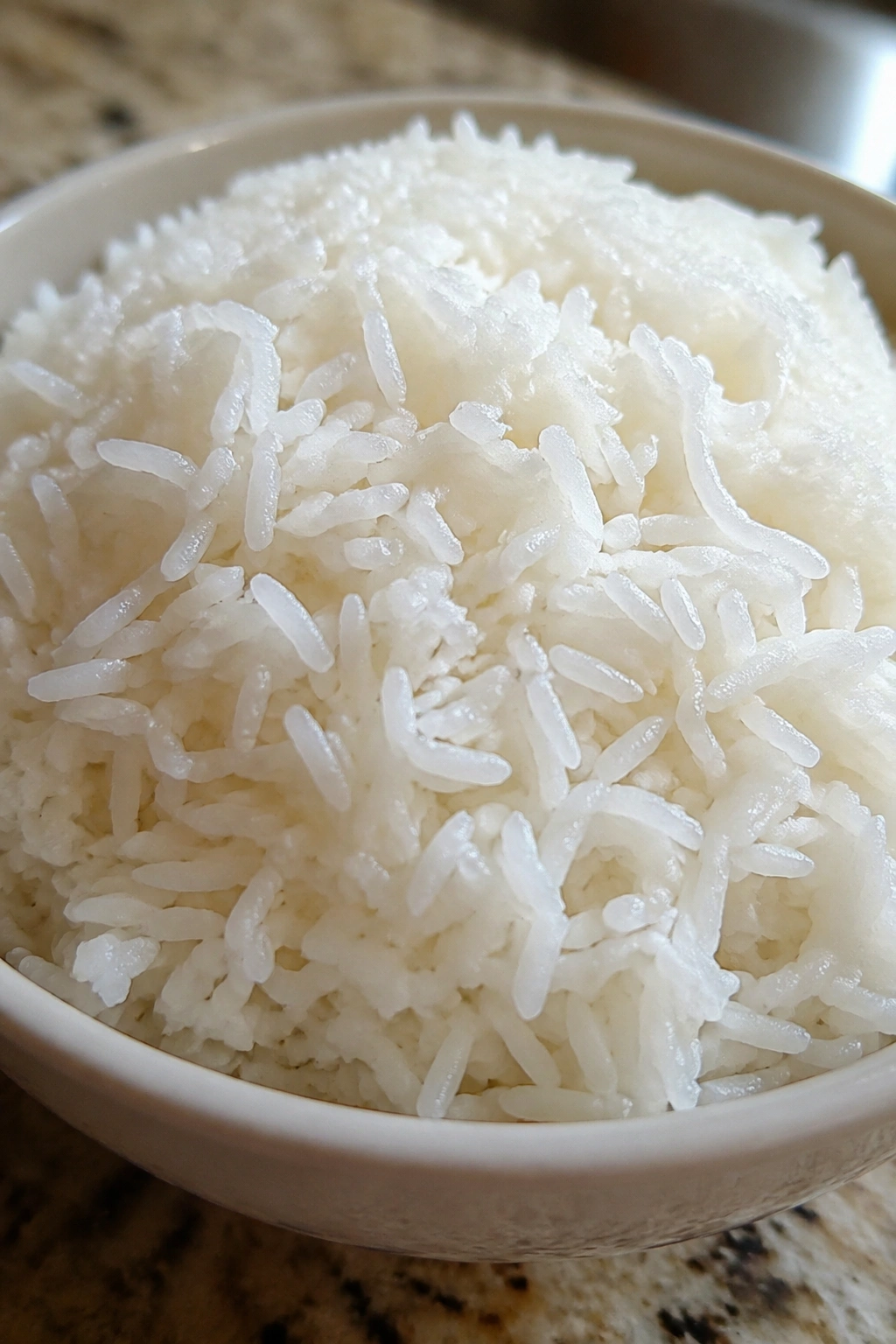Mound of steamed white rice in a bowl