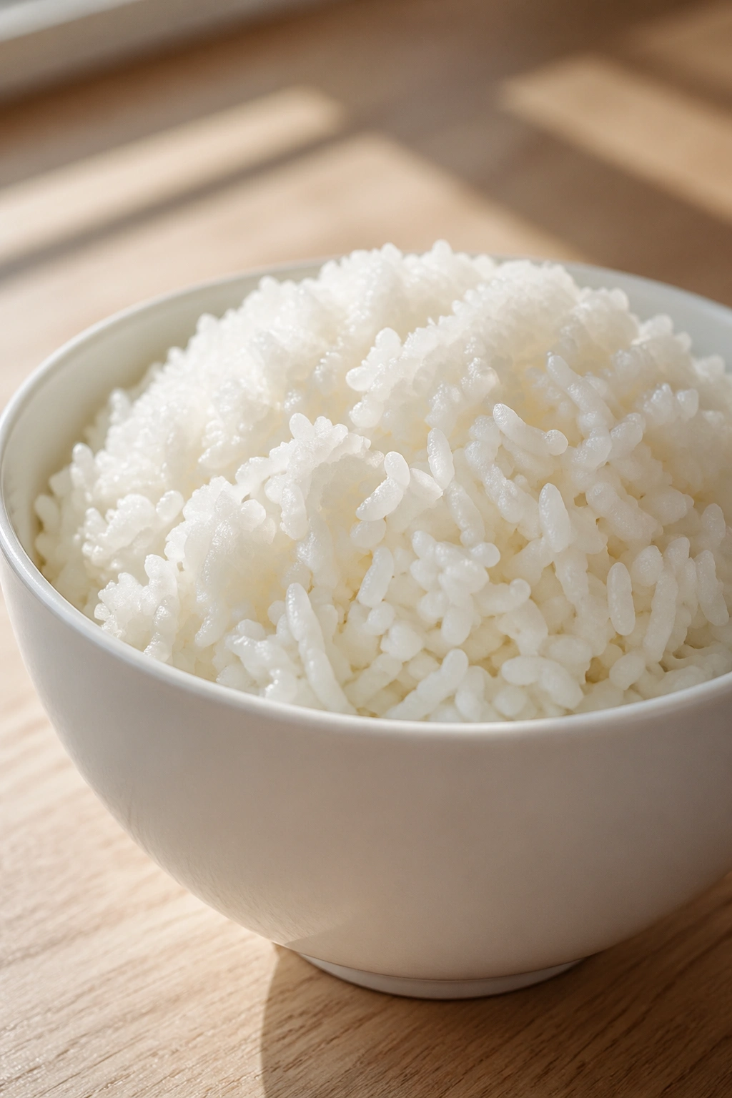 Fluffy white rice mound in a white bowl under natural light