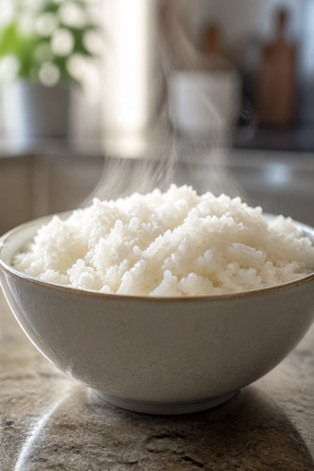 Steam rising from a bowl of white rice on a plain kitchen counter