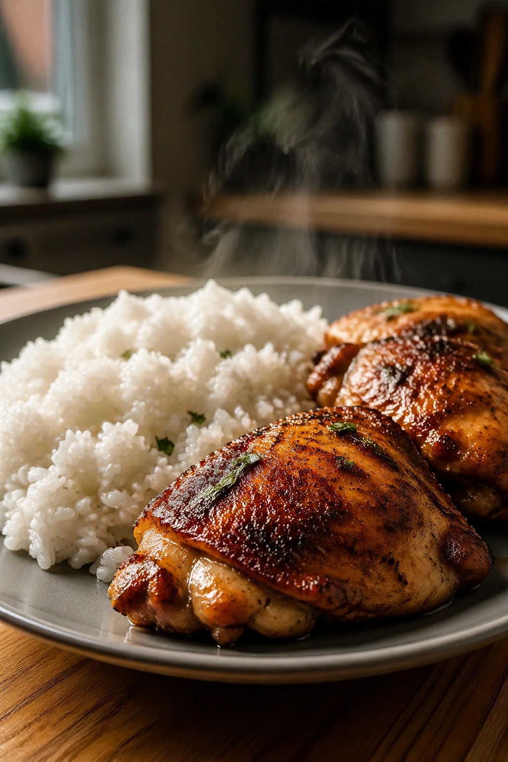 Close-up of white rice and chicken thighs on a wooden kitchen counter, post-leg day meal.