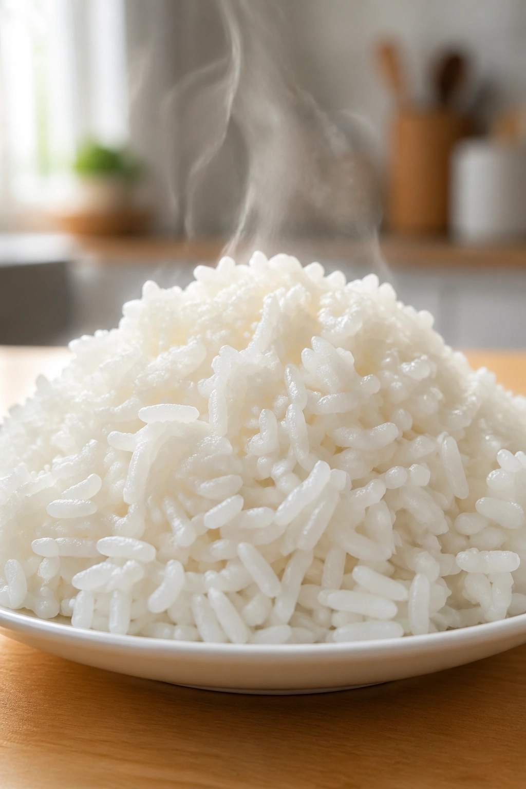 Steam rising from fluffy white rice on a plate in a sunlit kitchen