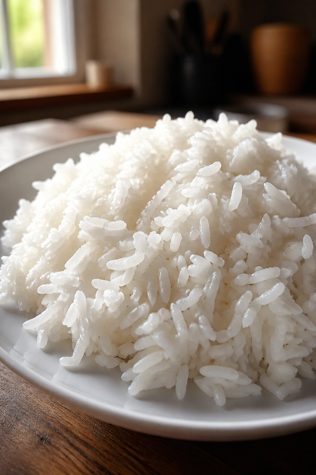 Mounded white rice on plate in warm kitchen light