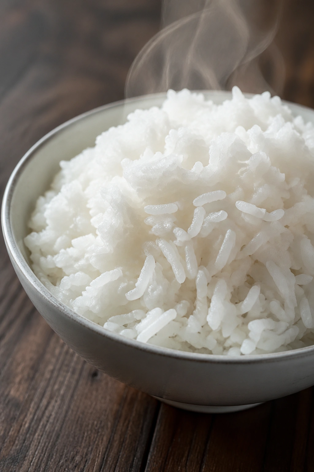 Close-up of fluffy white rice in a bowl on a wooden table