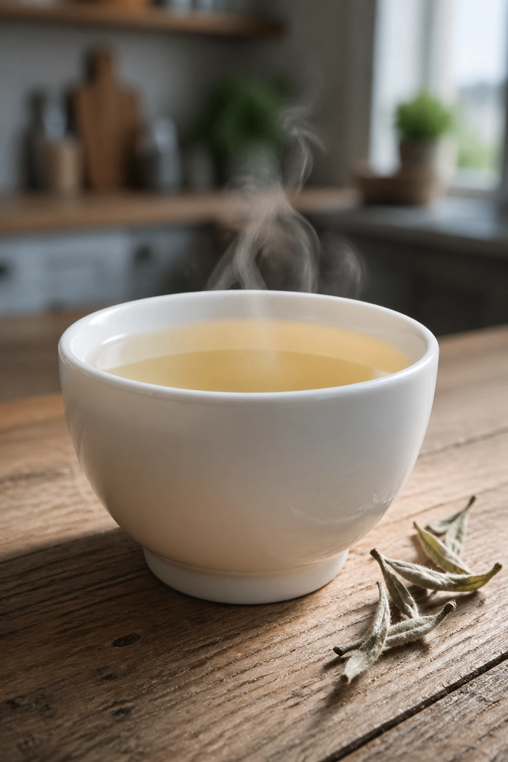 Close-up of pale white tea in a ceramic cup with steam on a wooden kitchen counter
