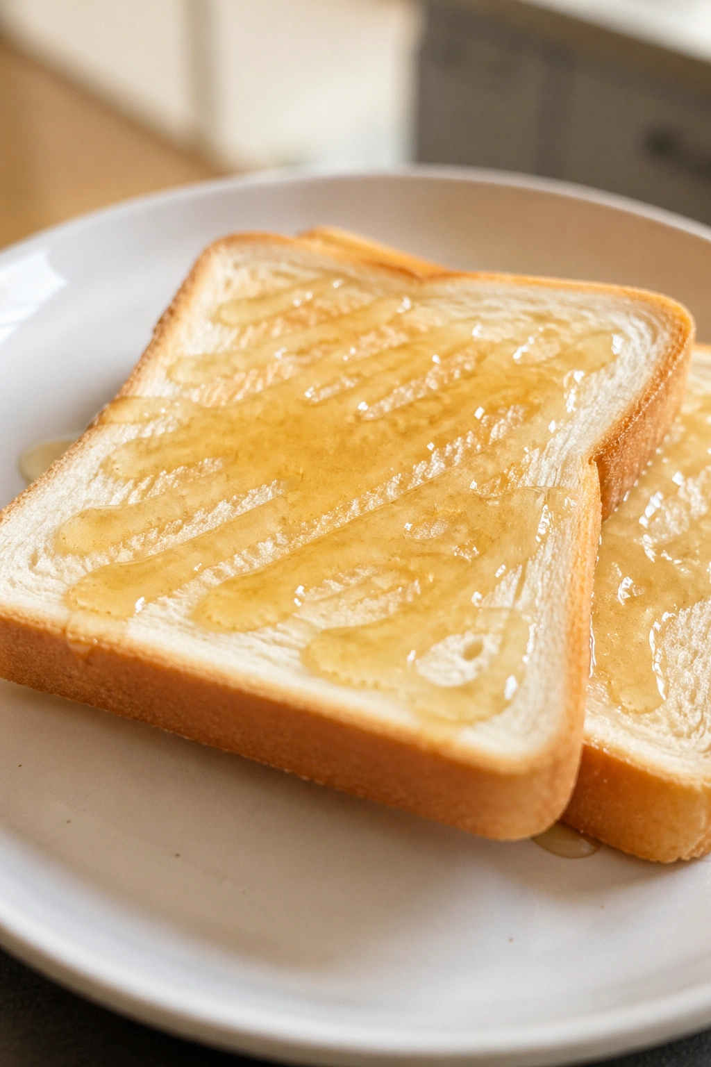 Two slices of white toast with honey on a plate
