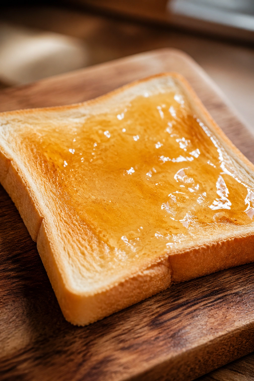Close-up of white toast with honey on a wooden board in a sunlit kitchen