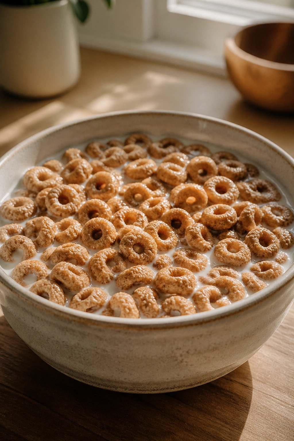 Close-up of a bowl of whole-grain cereal with milk on a kitchen counter, warm morning light.
