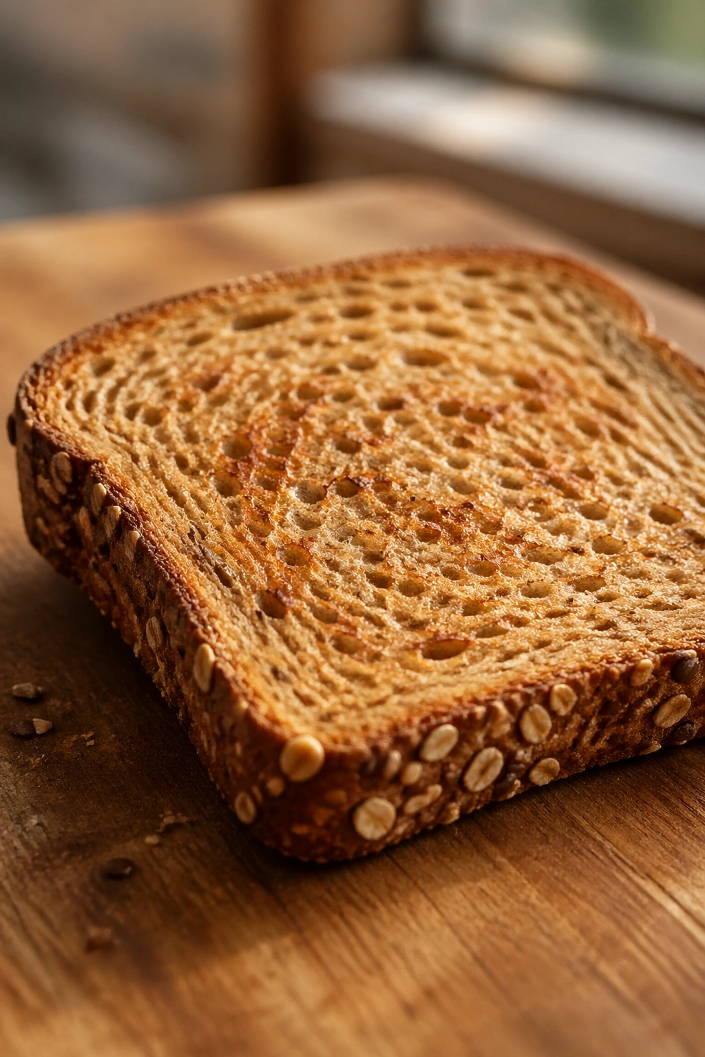 Close-up of a slice of whole-grain toast on a cutting board