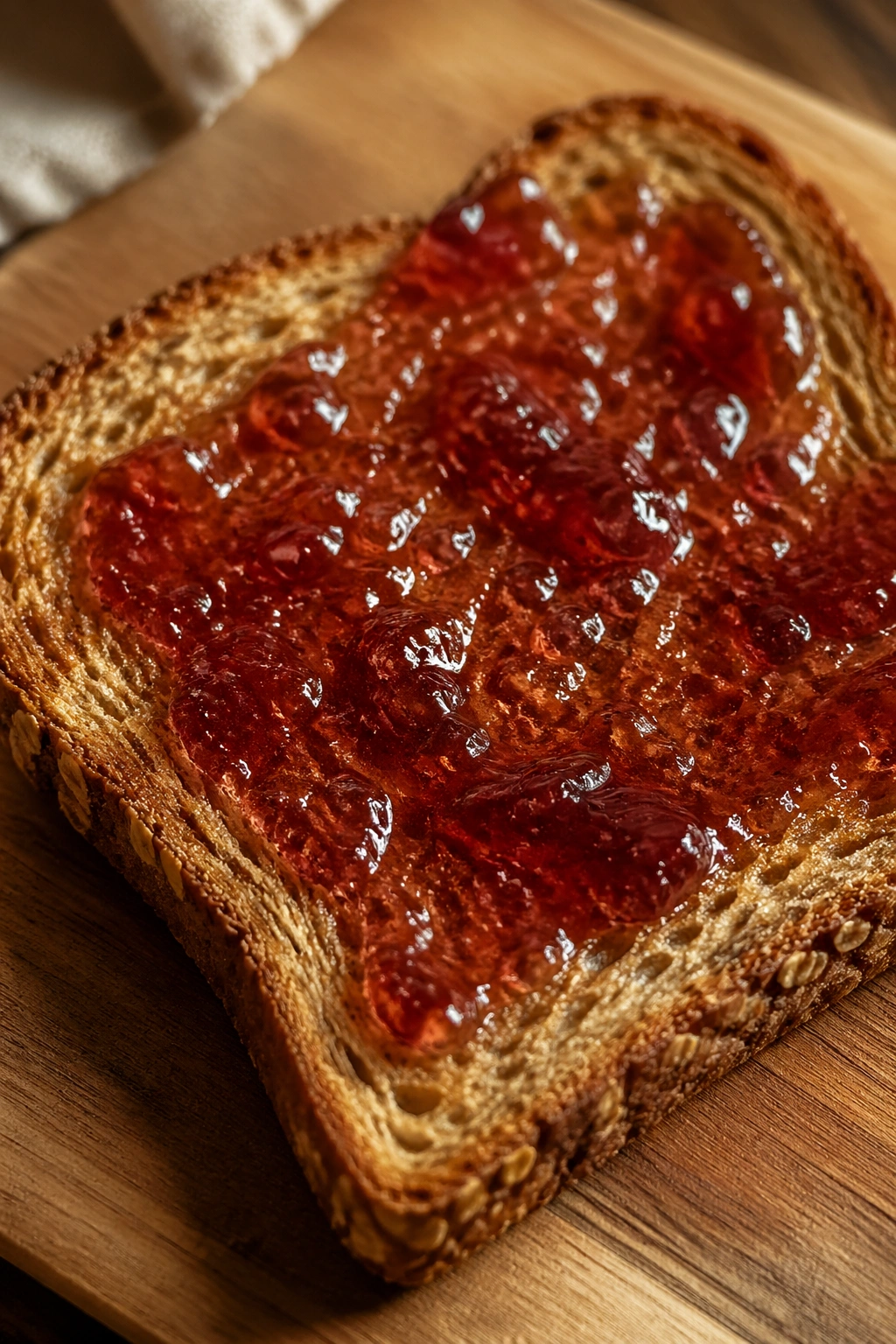 Slice of whole-grain toast on a wooden board with jam under warm light