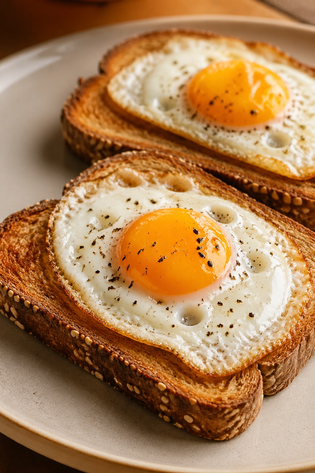 Toast with eggs on a plate in a warm kitchen