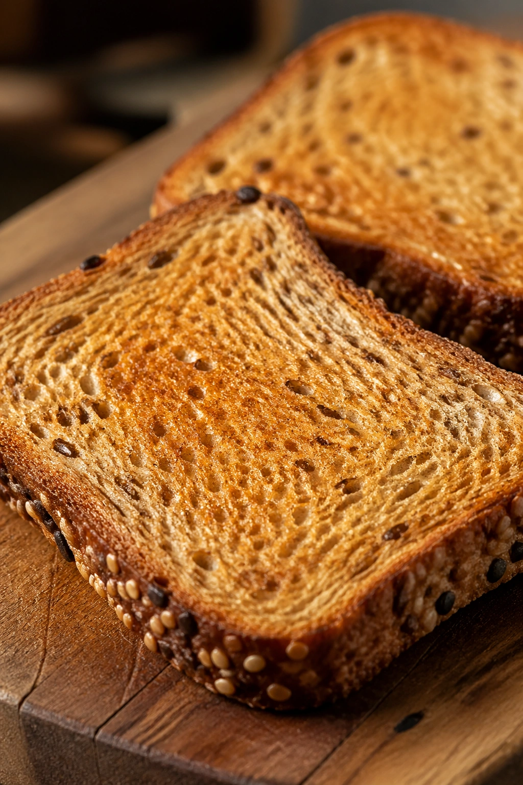 Two slices of whole grain toast on a wooden board; post-workout base