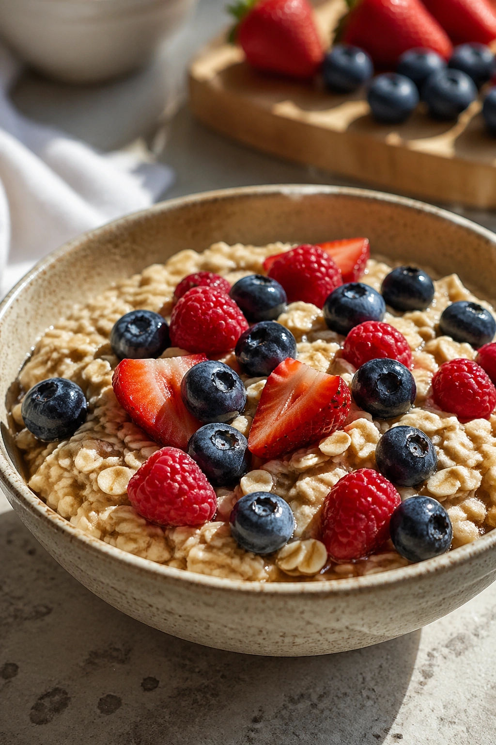 Close-up of a bowl of oats with berries highlighting whole grains
