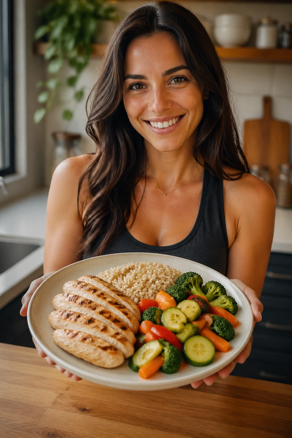 Person presenting a plate of wholesome foods that are hard to overeat