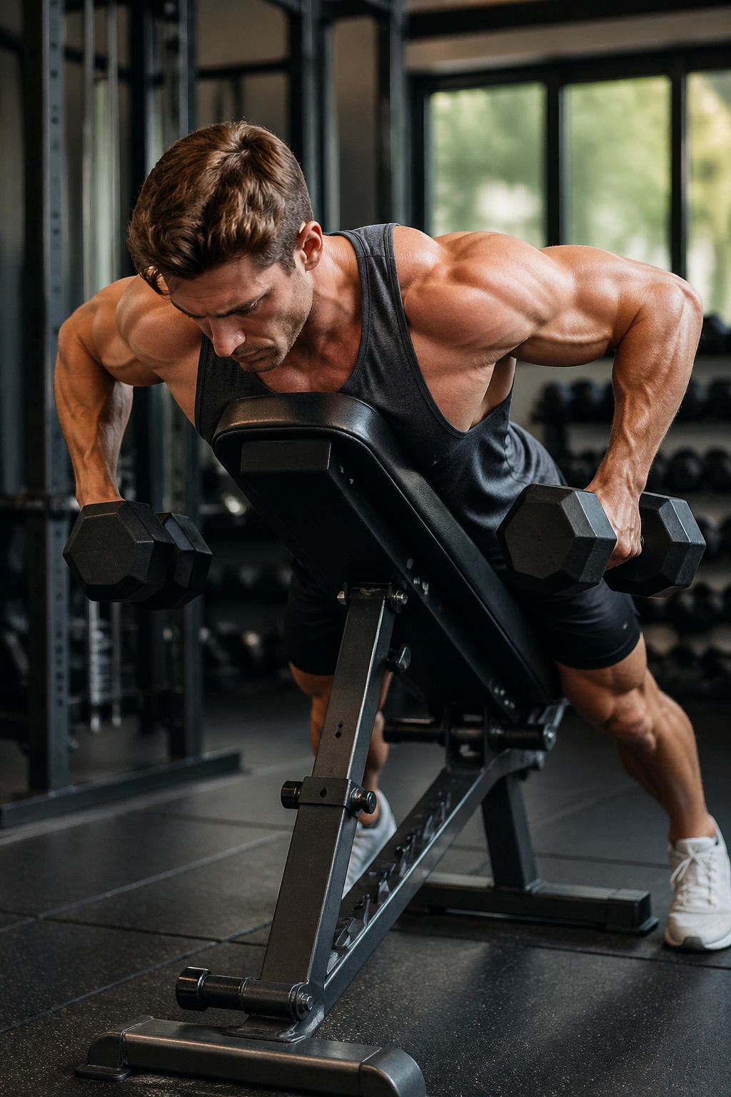 Medium close-up of a person performing a wide-elbow dumbbell row on a chest-supported bench to target the upper back