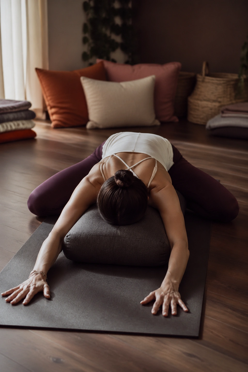 Person in Wide-Knee Child's Pose on a mat with torso resting on a bolster