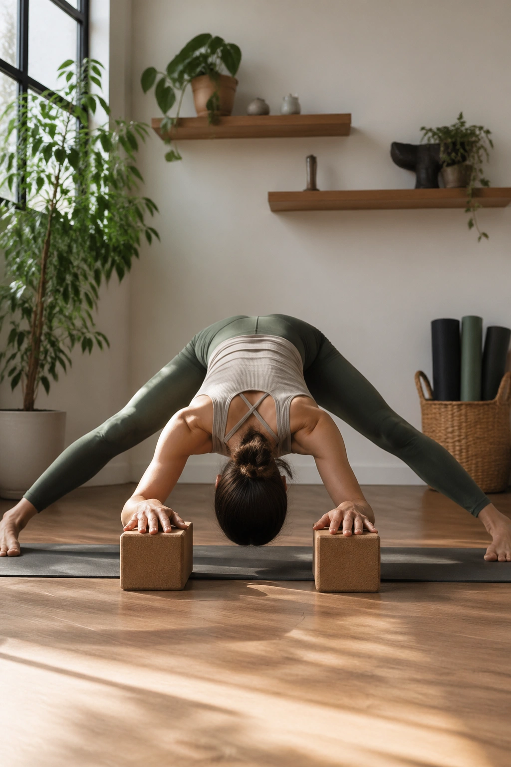 Real person in wide-leg forward fold stretching inner thighs and hamstrings