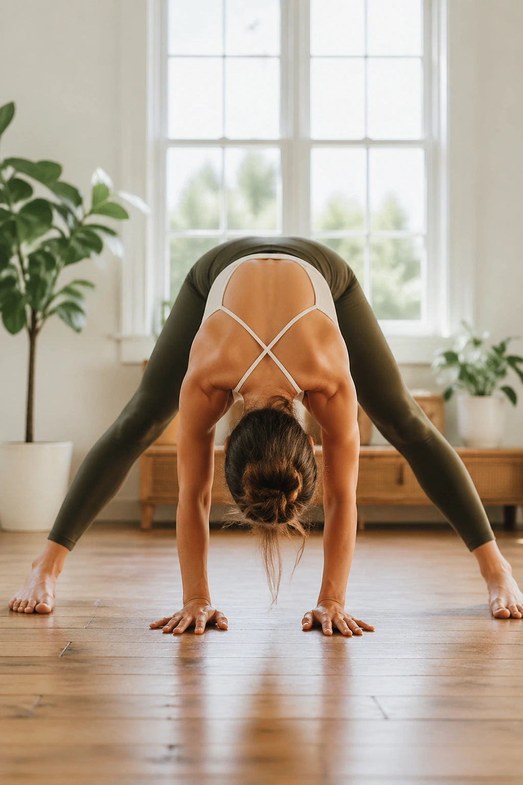 Real person performing wide-legged forward fold in a bright home space
