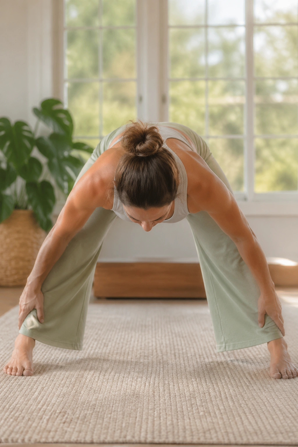 Medium close-up of a real person performing Wide-Legged Forward Fold in a sunlit room