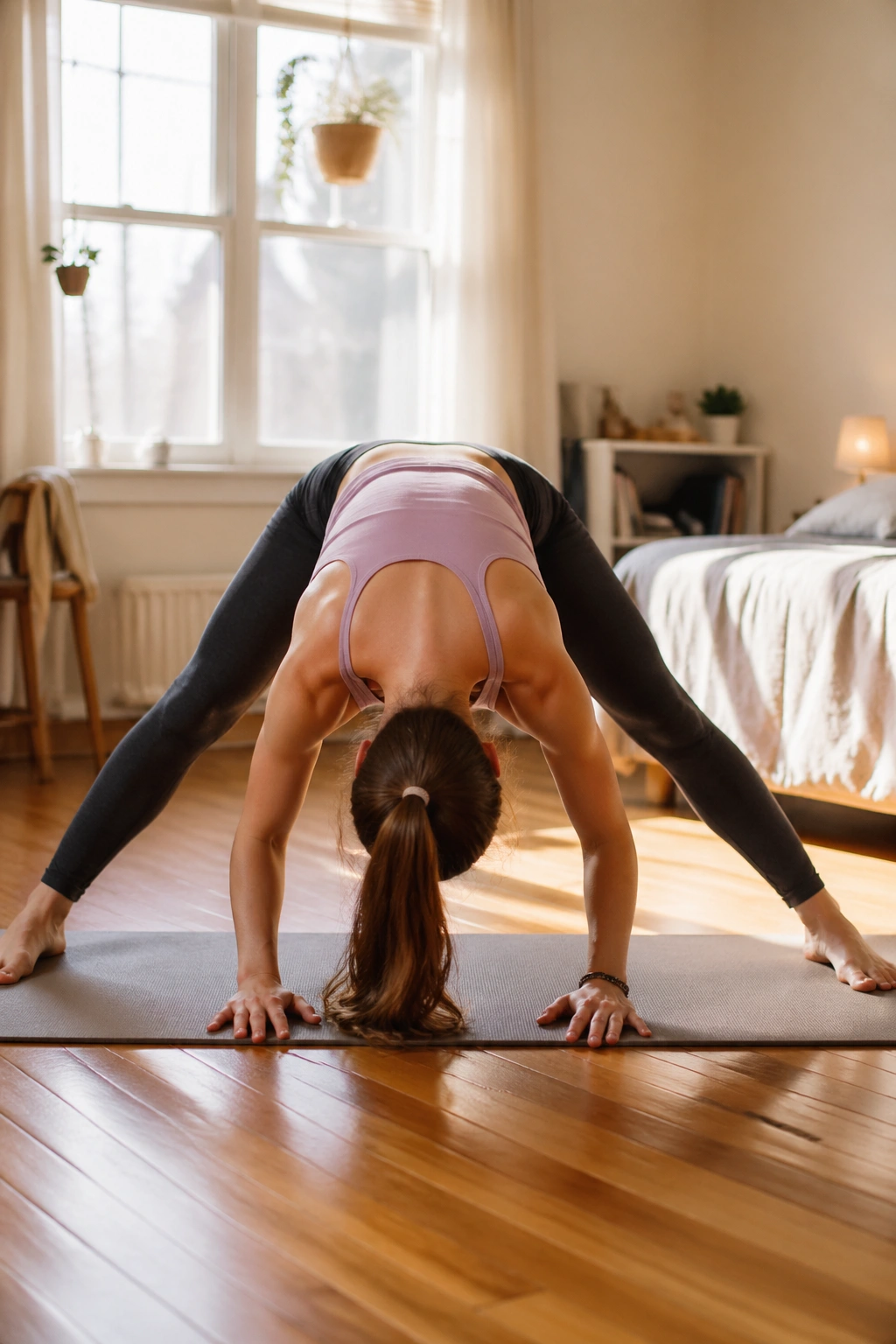 Teen in wide-legged forward fold on yoga mat in sunlit bedroom, hands on floor, calm pose