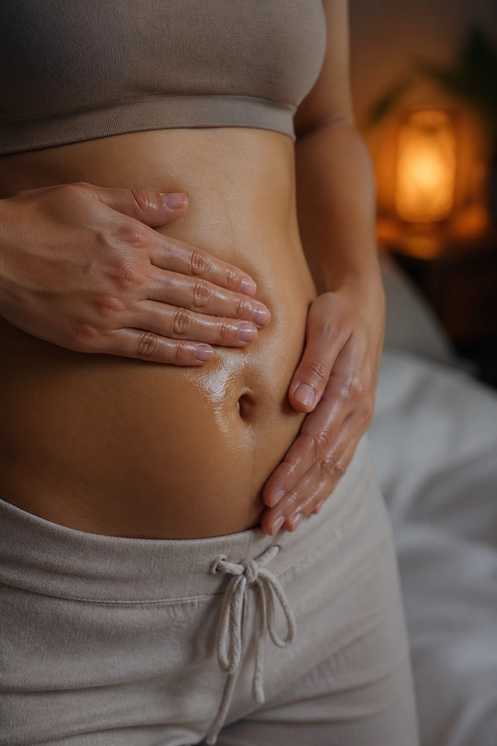 Close-up of belly being massaged with castor oil in a dimly lit bedroom