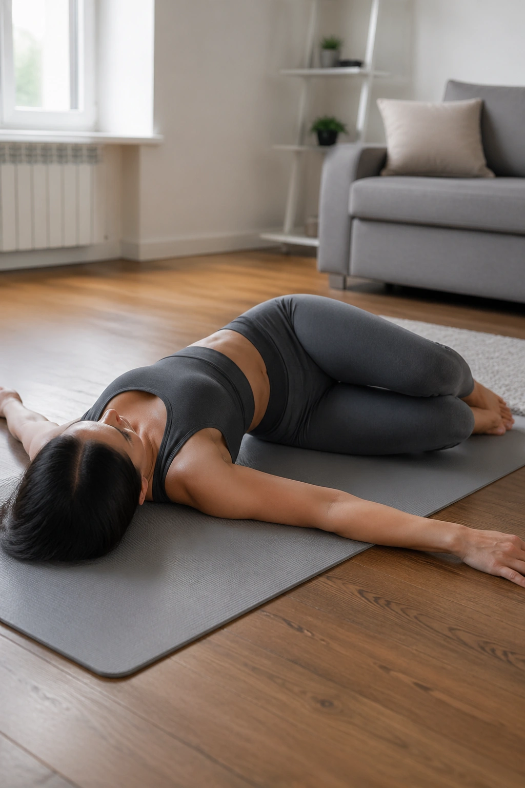 Person performing windshield wipers spinal rotation on a mat.