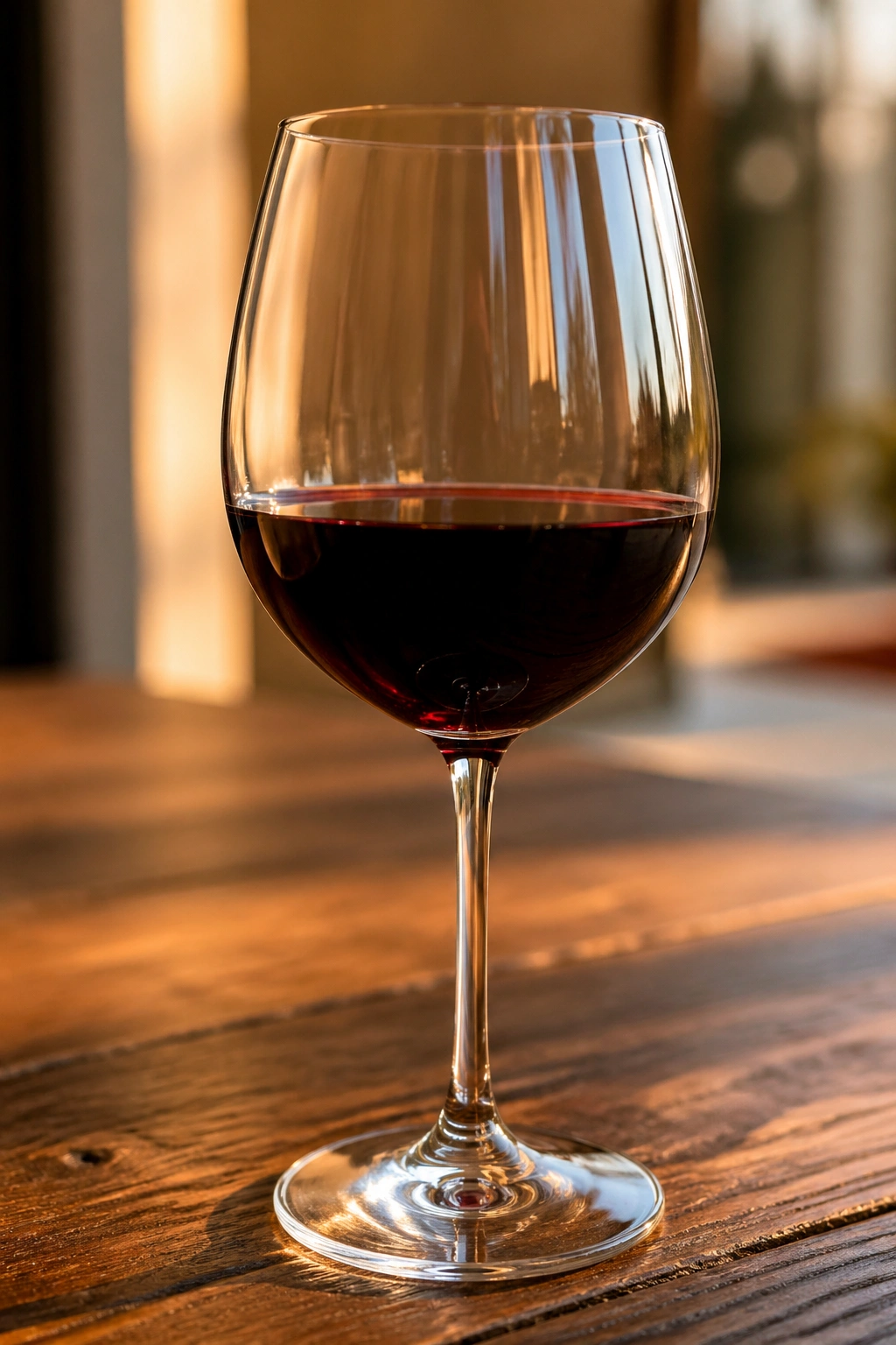 Close-up of a single glass of red wine on a wooden table during golden hour