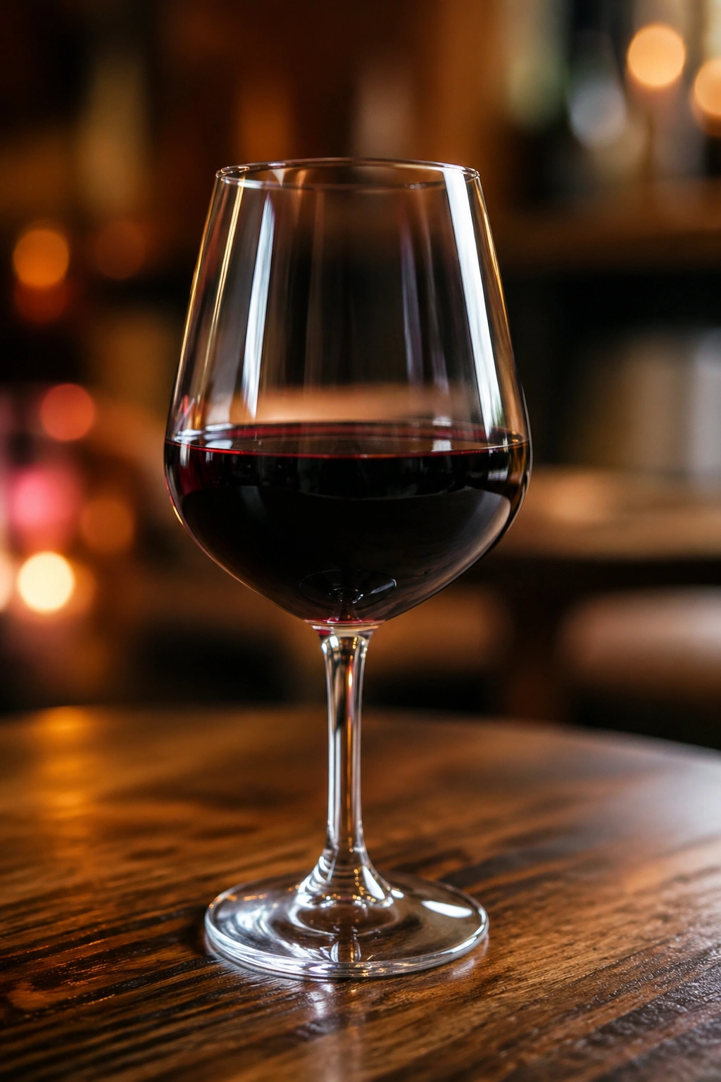 Glass of red wine on a wooden table with warm light