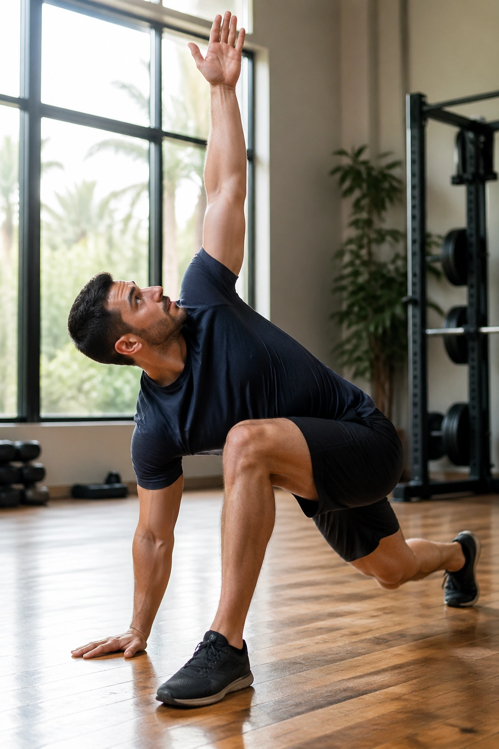 World’s Greatest Stretch: lunge with rotation and ceiling reach opening hips, spine, and shoulders.