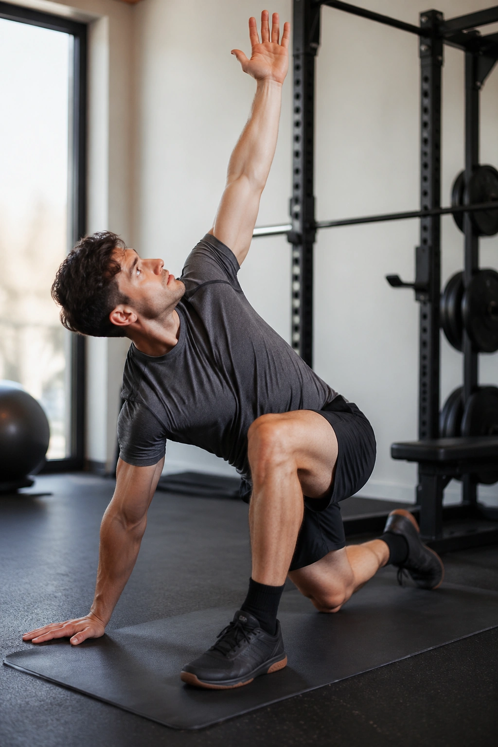 Lifter performing world's greatest stretch showing lunge and twist