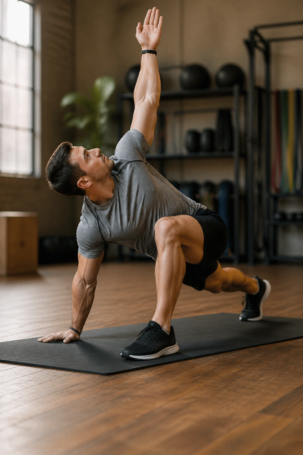 Mid-shot of a person performing the World’s Greatest Stretch in a gym, torso rotated, front knee bent, arm reaching up.