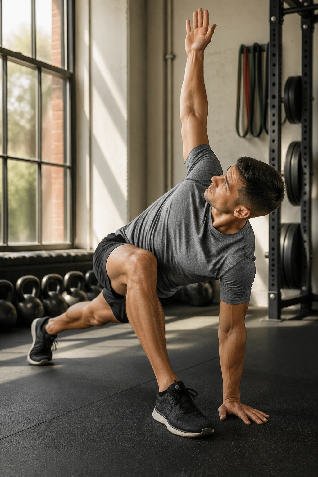 Person performing World’s Greatest Stretch in a gym, mid-body; lunge with elbow to instep and arm reaching upward.