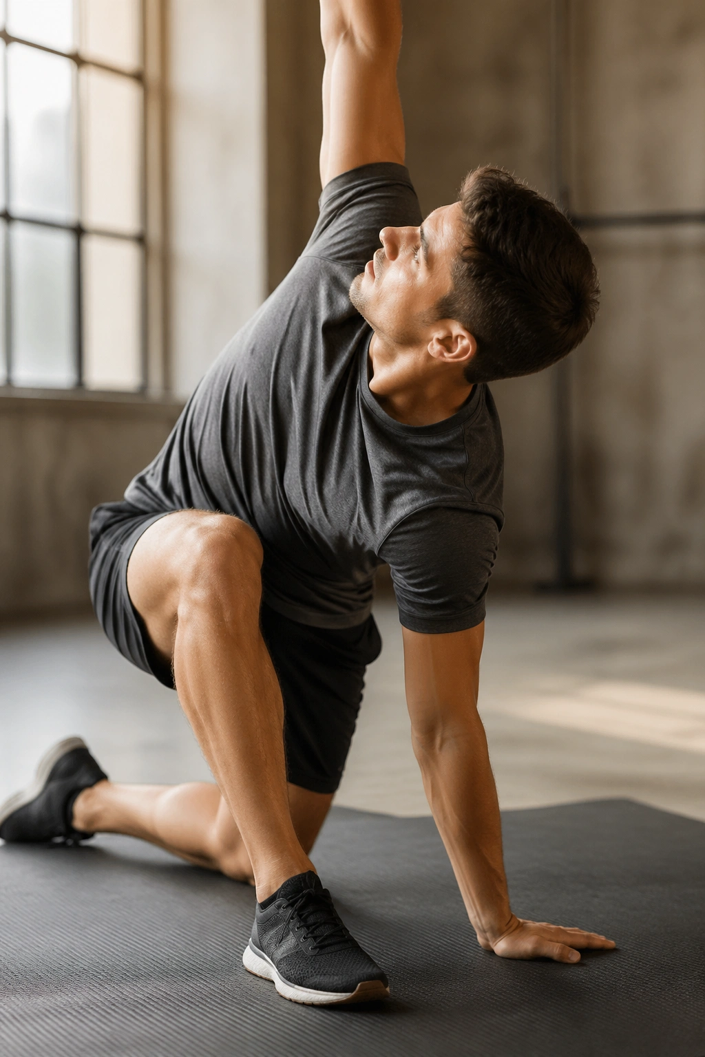 Mid-torso view of a person performing the World's Greatest Stretch with reach