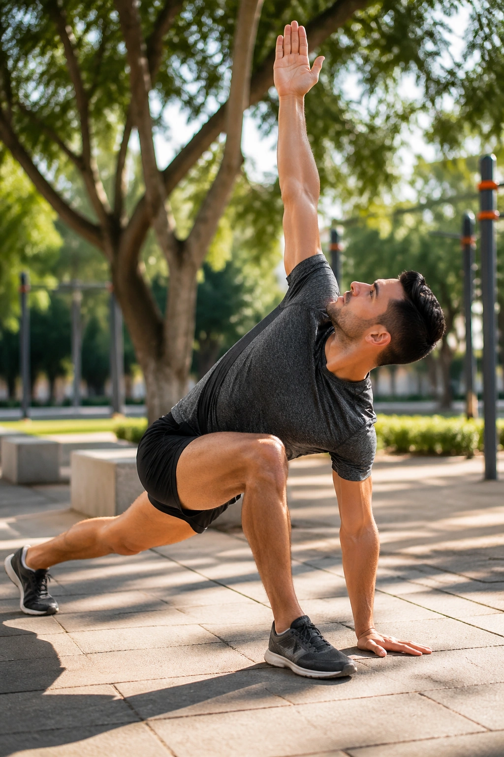 Person performing the World’s Greatest Stretch in an outdoor setting