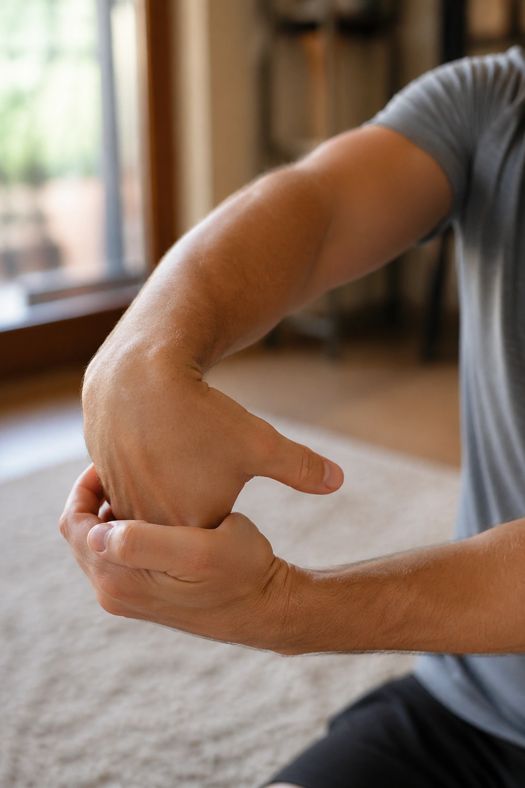 Close-up of hands and forearms performing wrist circles during warm-up