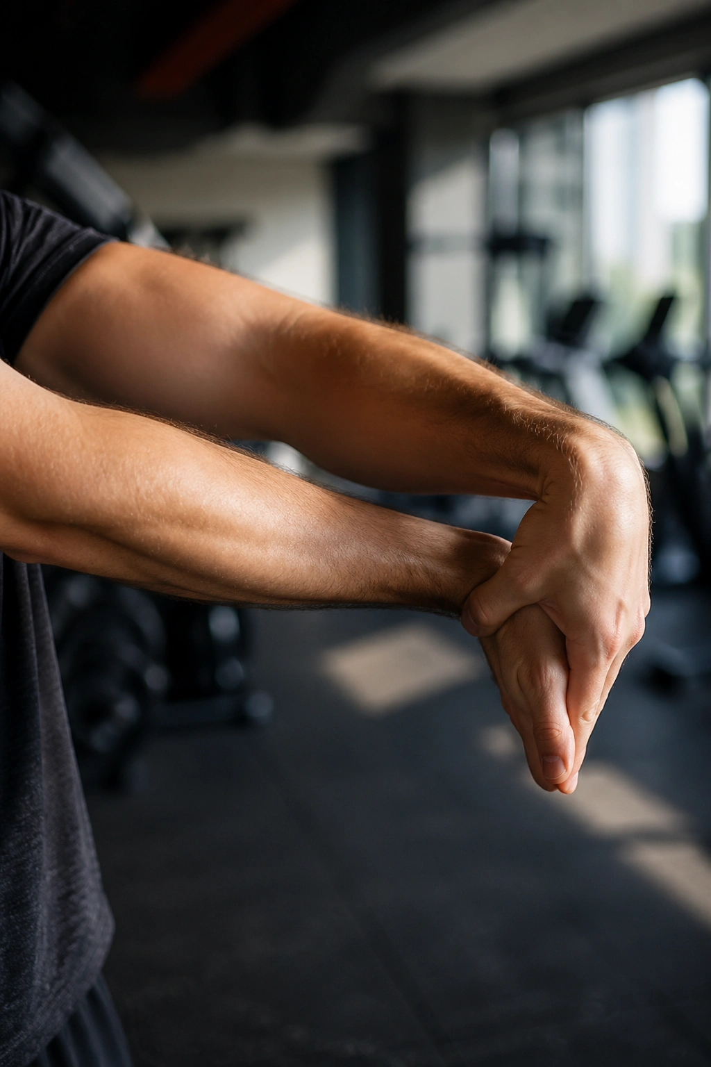 Forearm close-up performing wrist extensor stretch with palm down
