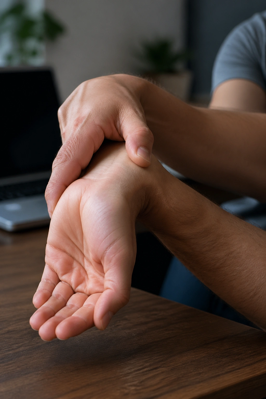 Forearm and hand in wrist flexor stretch at a desk