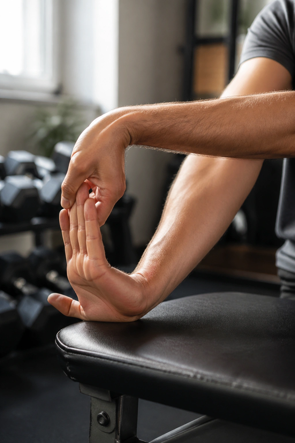 Forearm close-up performing wrist flexor stretch with palm up