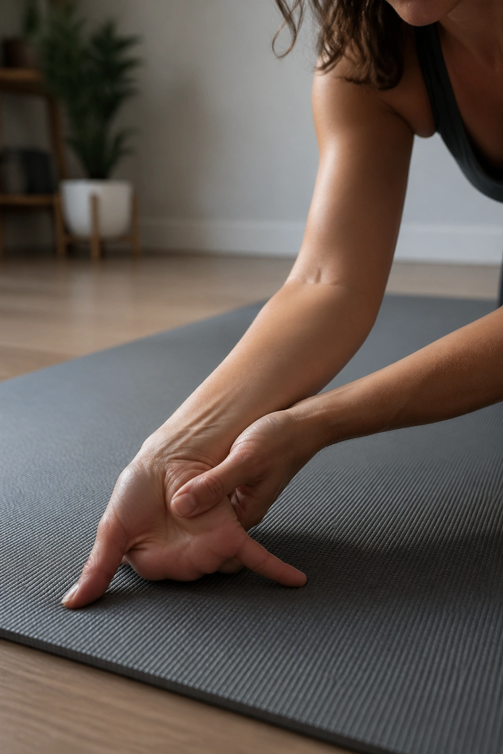 Person performing wrist and forearm stretch on mat