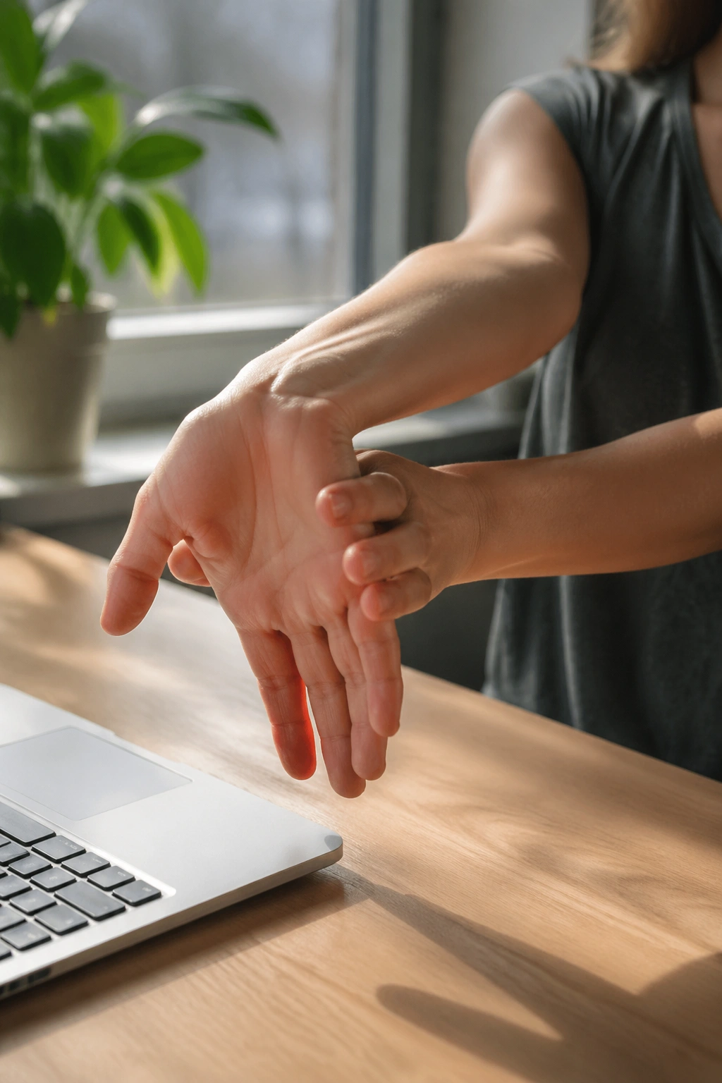 Close-up of hands and forearms performing wrist circles for relief.