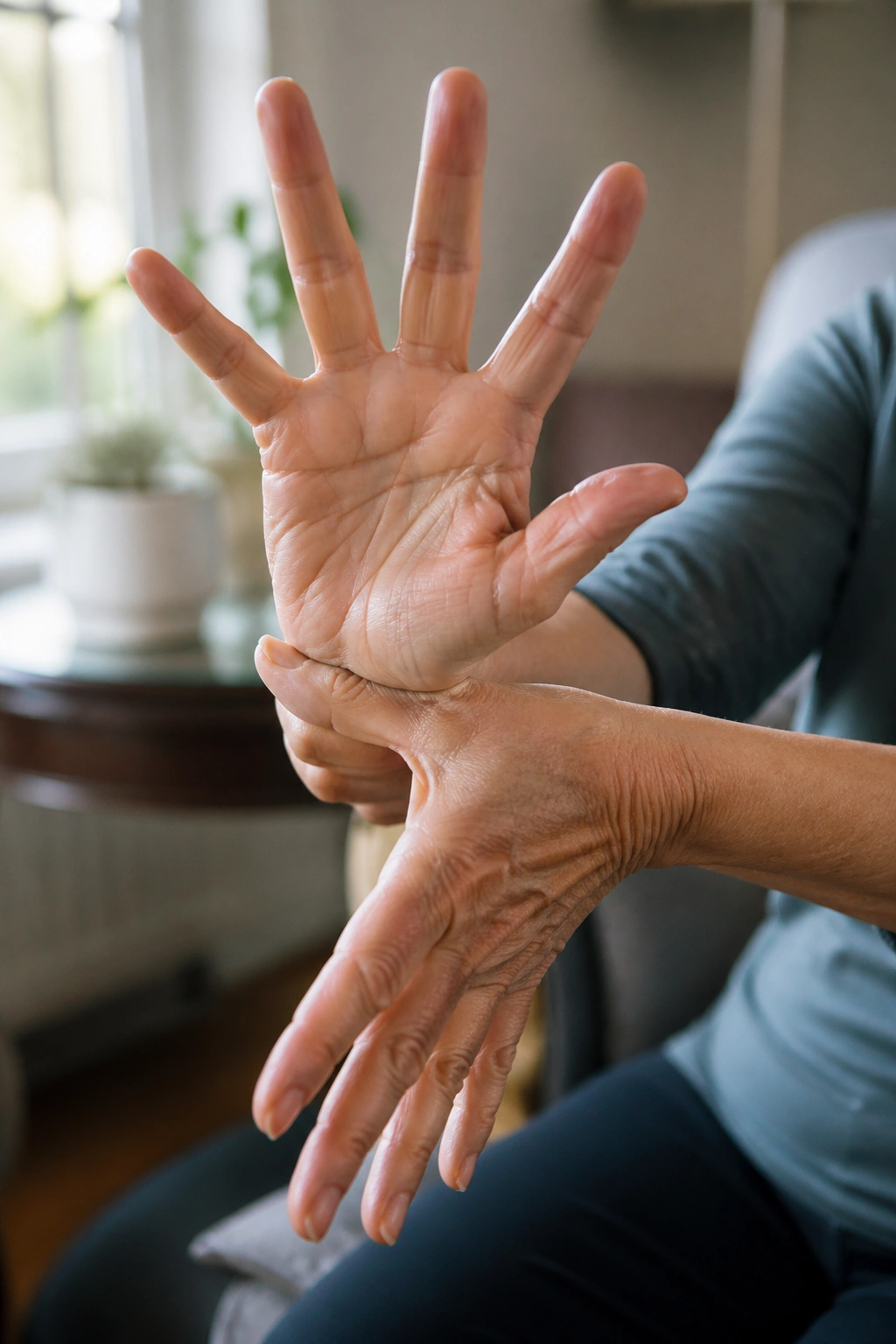 Senior hands performing wrist openers and finger spreads