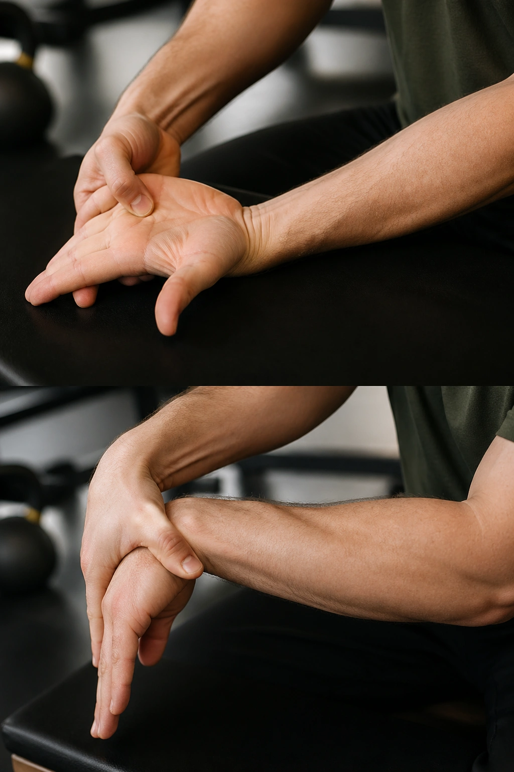 Close-up of forearm and hands performing wrist flexor and extensor stretches
