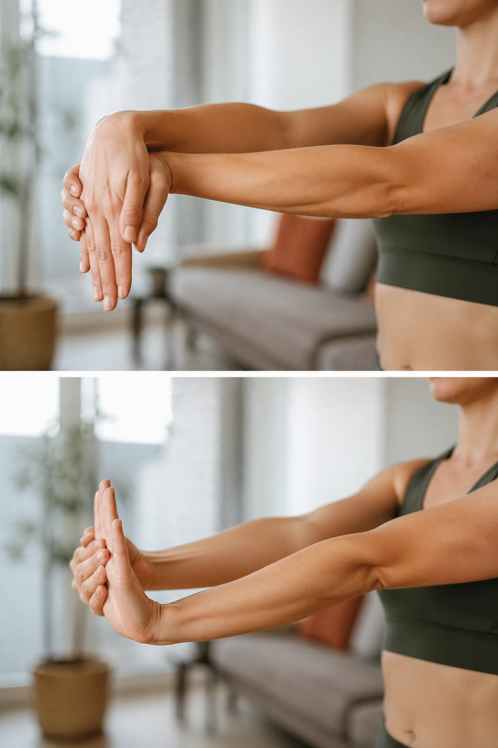 Close-up of a real person performing palm-down and palm-up wrist stretches on forearms