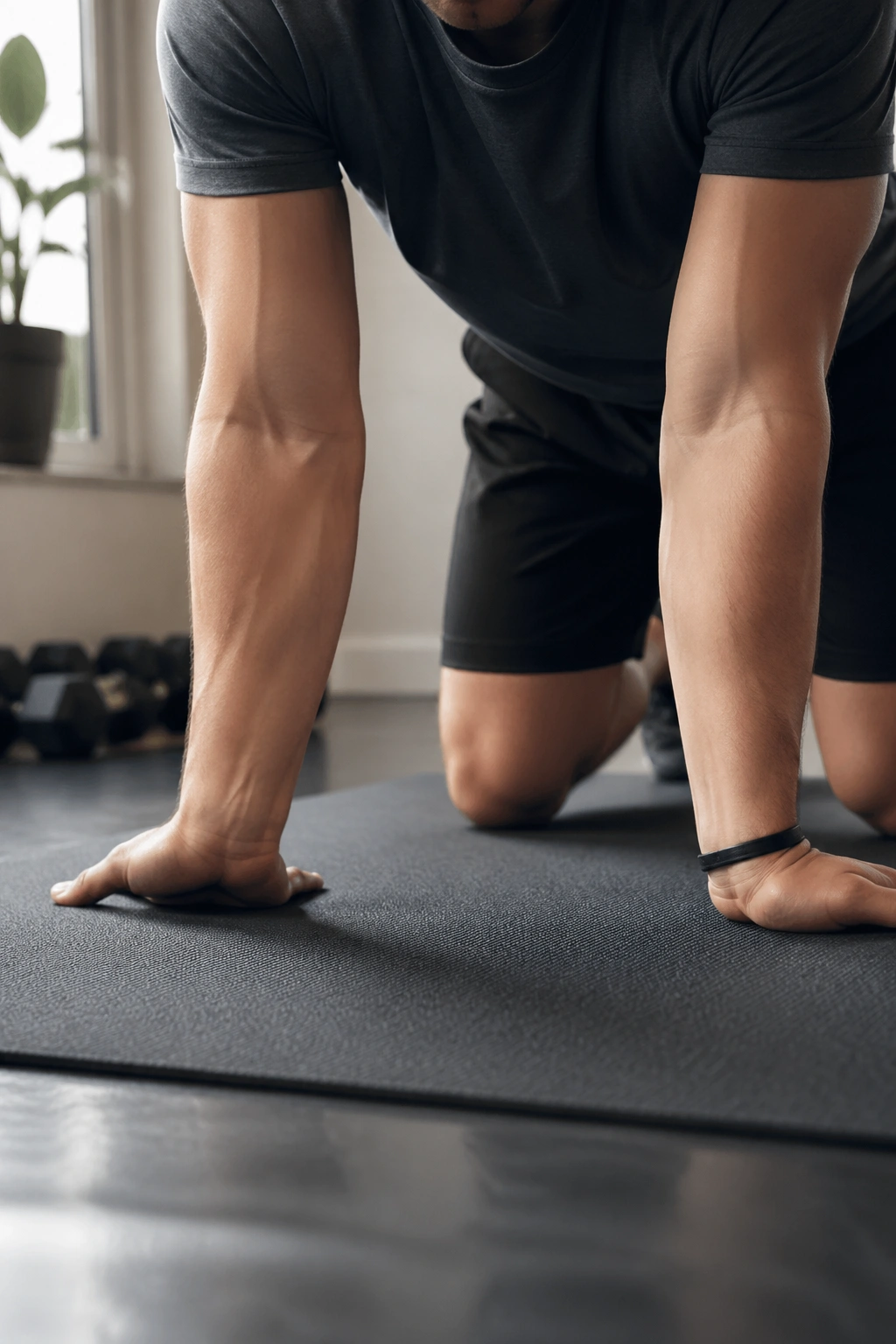 Close-up of hands and wrists performing wrist rocks and circles on mat