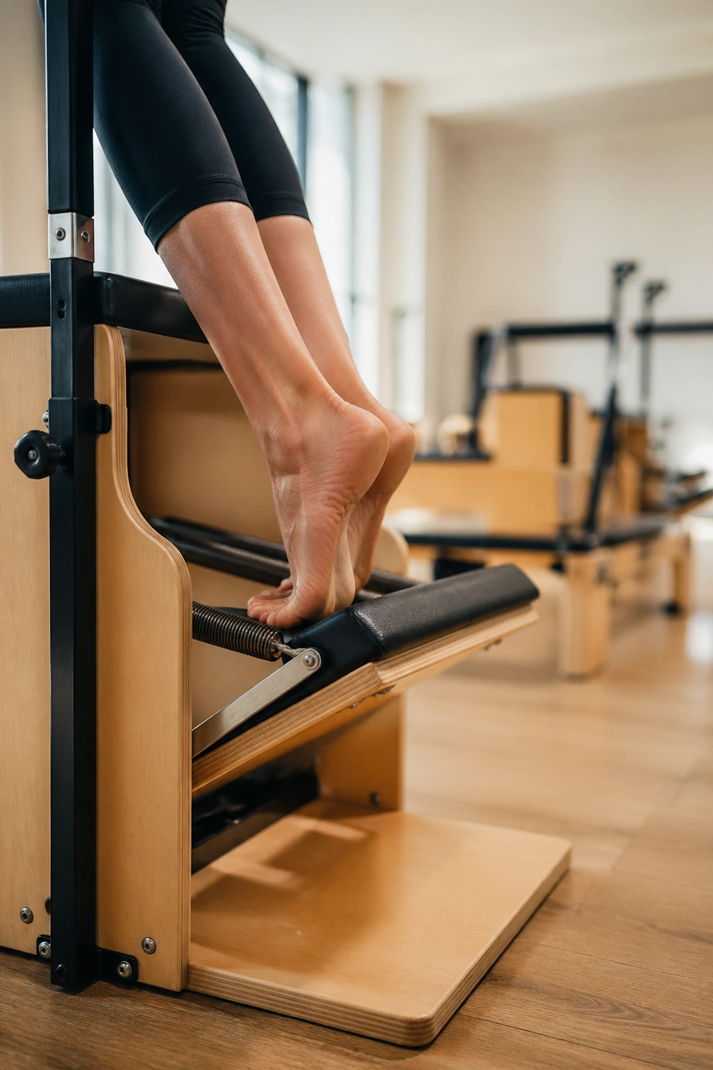 Close-up of feet pressing the Wunda Chair pedal during parallel footwork presses